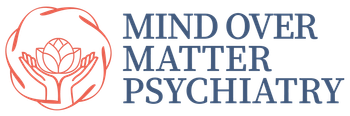 A logo for mind over matter psychiatry with two hands holding a flower.