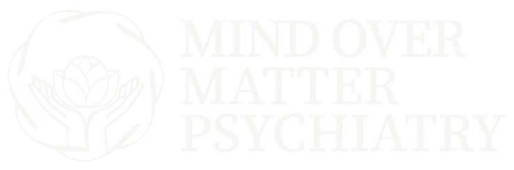 A white logo for a psychiatric hospital with a light bulb and the words `` mind over matter psychiatric ''.