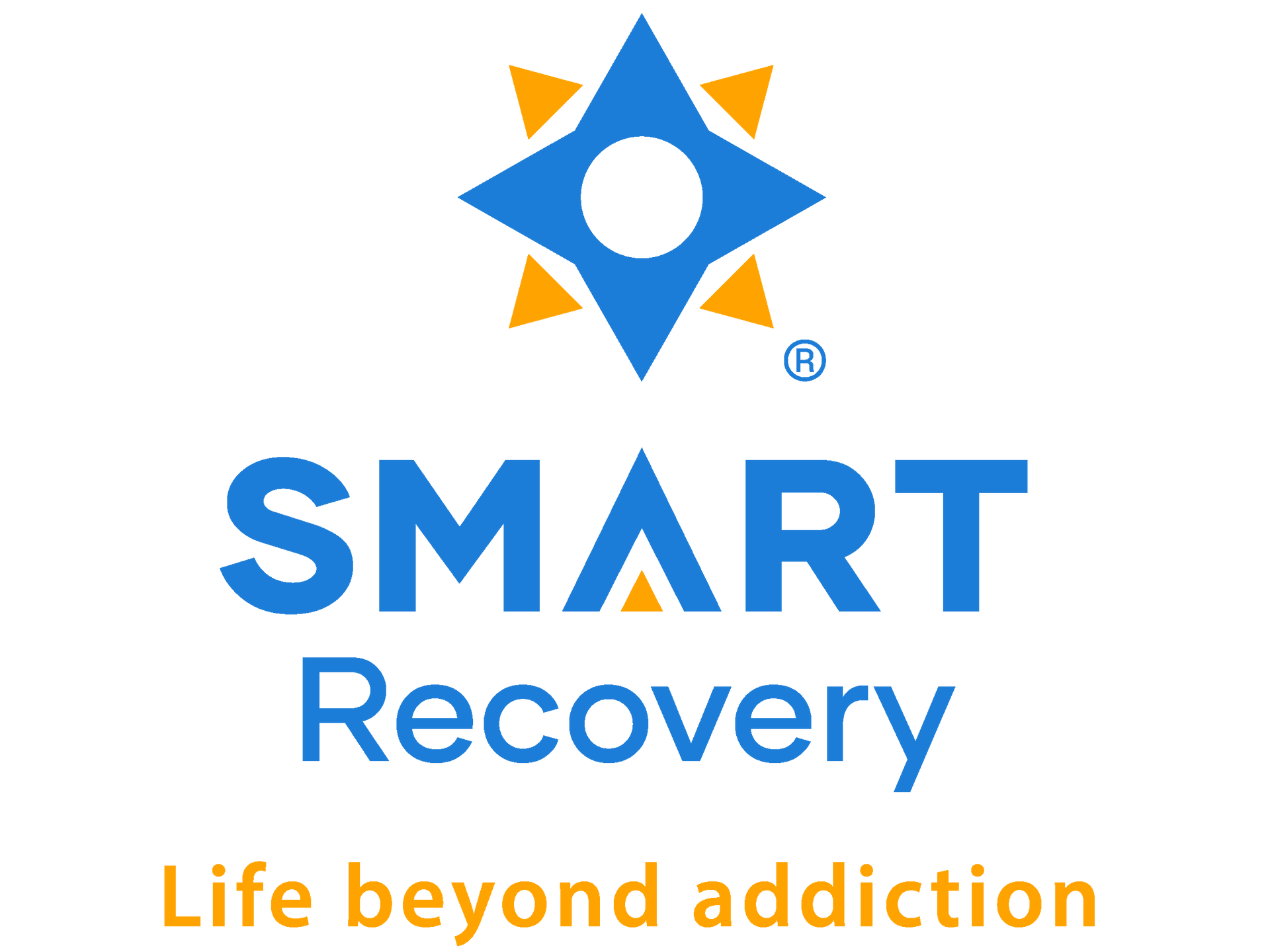 The smart recovery logo is blue and orange and says `` life beyond addiction ''.