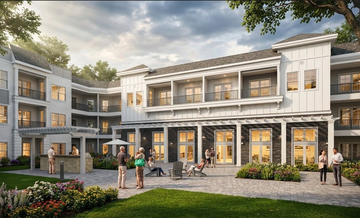 A multi-story apartment building with a paved courtyard, outdoor bar, and residents relaxing in the evening light.