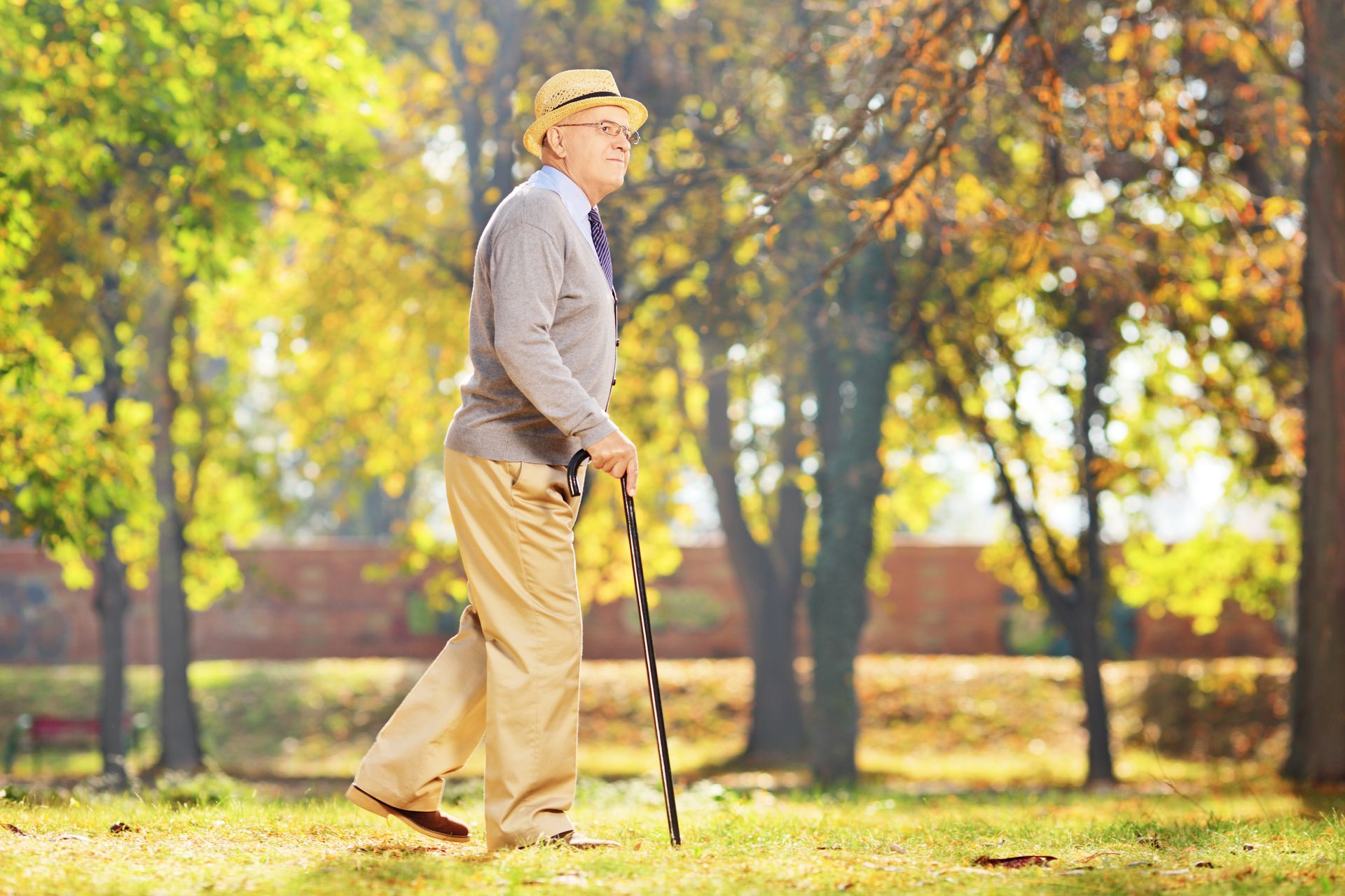 Elderly person walking with a cane in a park with autumn foliage.