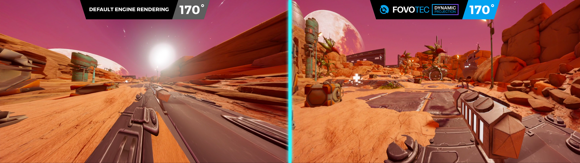 Comparing 170° FOV default engine rendering with Fovotec Dynamic Projection