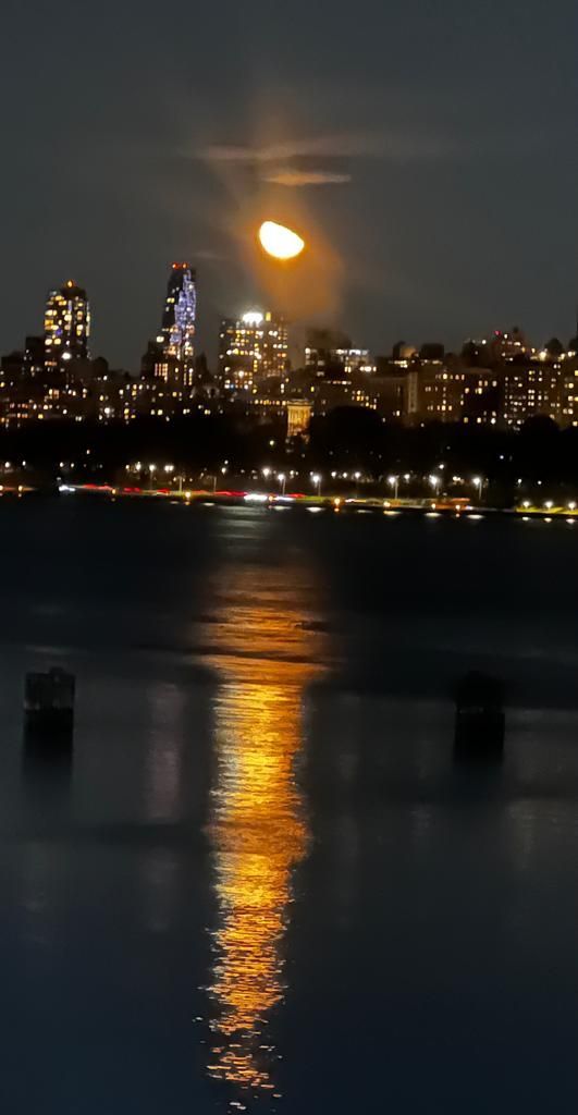 Moonlit city skyline reflected on dark water.