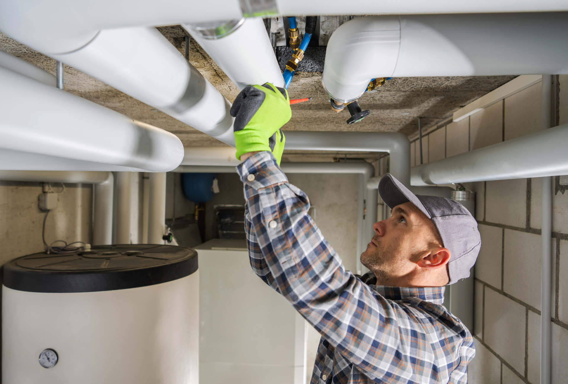 A man is working on pipes in a building.