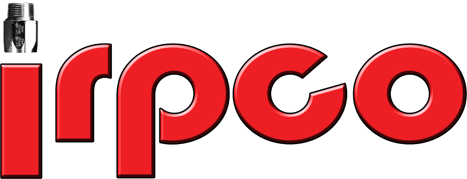 Logo of irpco in red with a silver plumbing fitting above the 