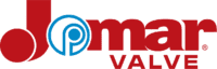 Logo for Jomar Valve, with red text and a blue and white circular design. 