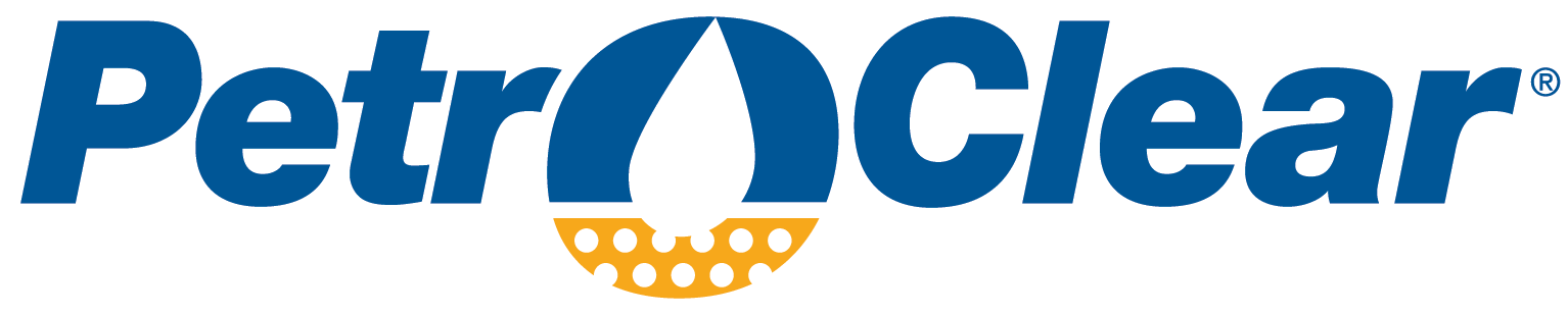 The PetrClear logo features blue text, a blue and white droplet graphic, and a yellow perforated section.