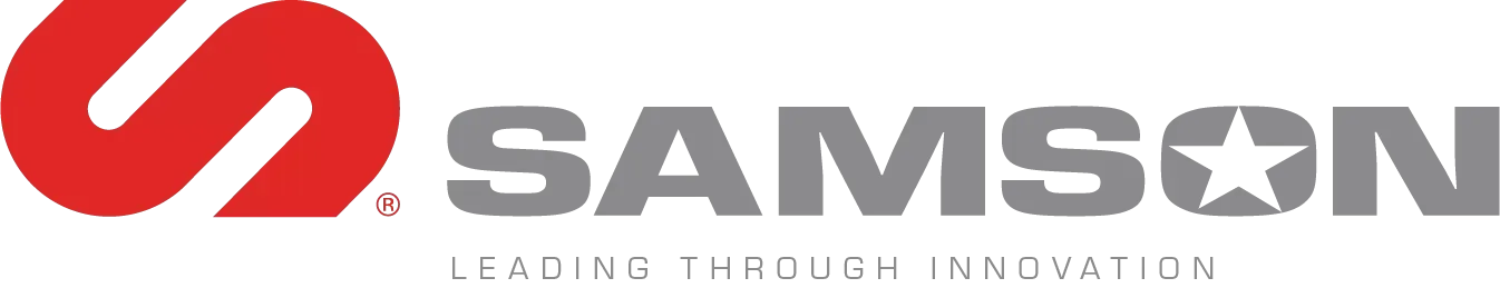 Logo for Samson, a company. It features a red 'S' shape and gray text that reads 