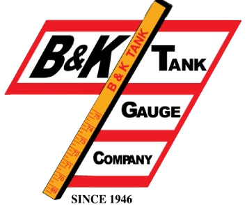 Logo for B&K Tank Gauge Company, featuring a red and white geometric design with the company name and a ruler-like graphic, 