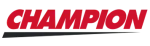 Champion logo in red text with a black curved line below it.