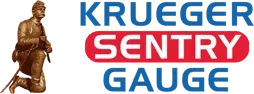 Logo for Krueger Sentry Gauge featuring a bronze statue of a kneeling soldier, blue text, and a red oval.