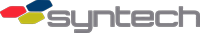 Logo for Syntech, featuring a cluster of red, yellow, and blue geometric shapes, with the name 