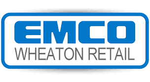 Logo for EMCO Wheaton Retail in a blue and white rounded rectangular box. The words EMCO appear in large, bold, blue capital letters above 