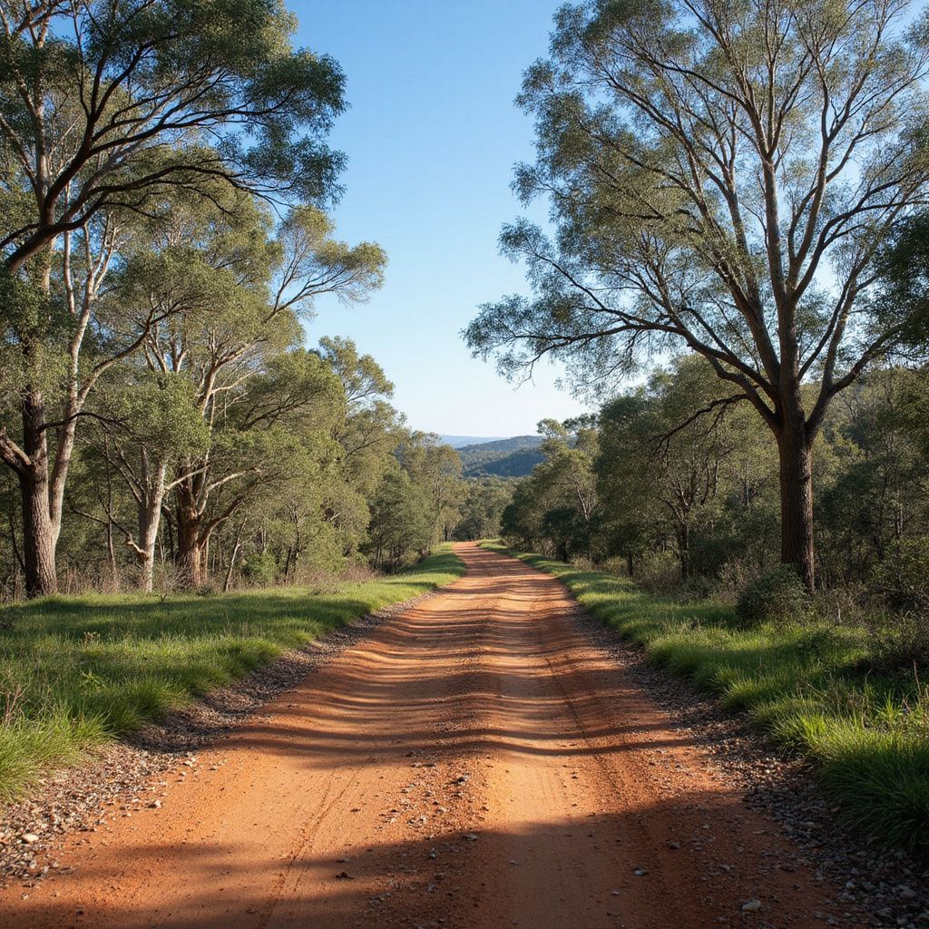 Dirt road through a forest, trees on either side, leading towards a distant mountain range under a blue sky.