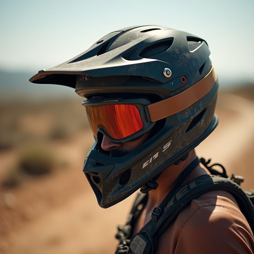 Man in black helmet and goggles outdoors on a dirt road, wearing backpack.