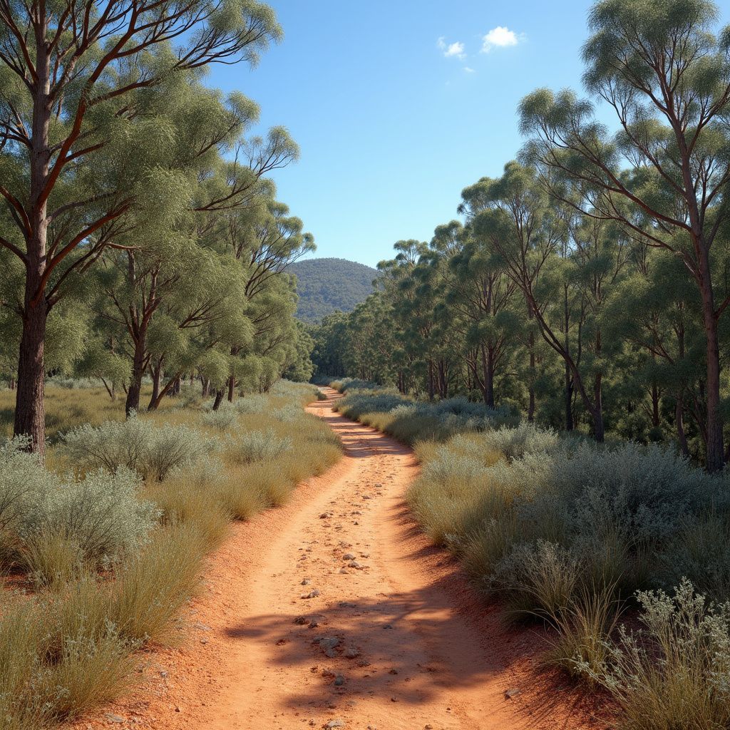 Dirt road through a forest of trees with blue sky in the background.