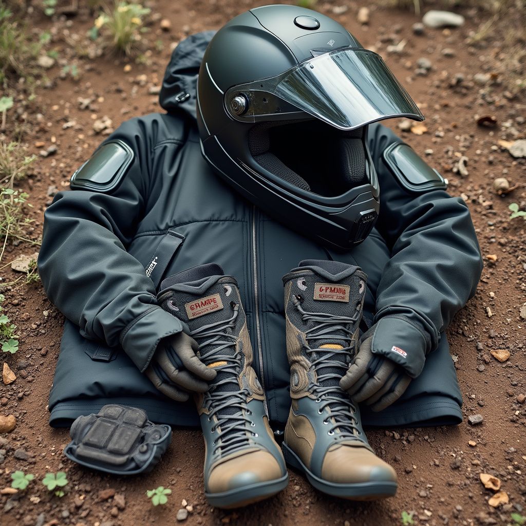 Motorcycle helmet, jacket, boots, and gloves laid out on dirt ground; protective gear.