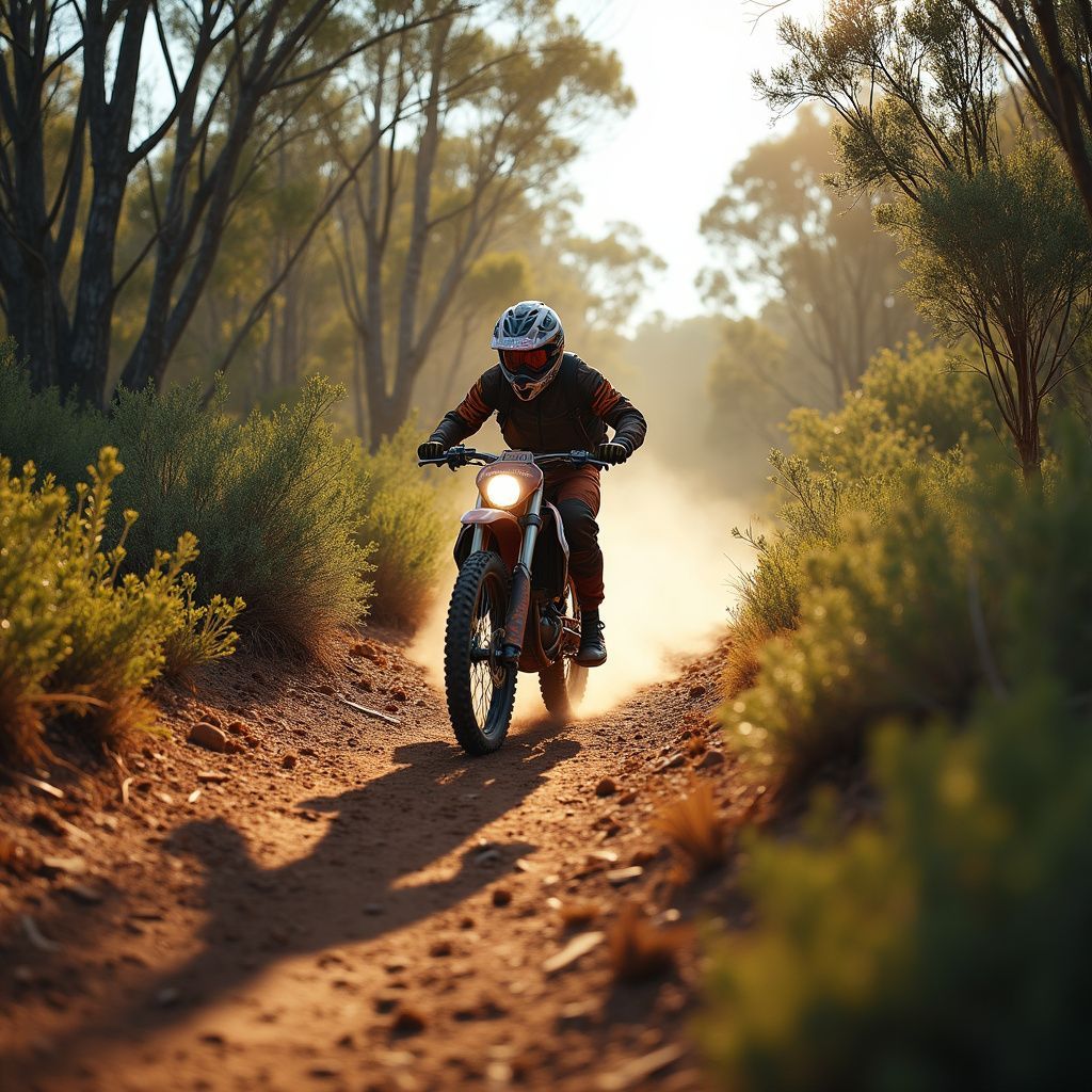 Person riding a dirt bike on a dusty forest trail, sunlight filtering through the trees.