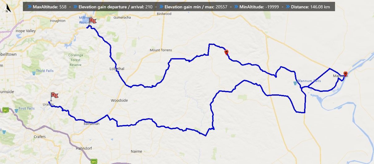 Map showing a blue line tracing a route with red markers at beginning and end.