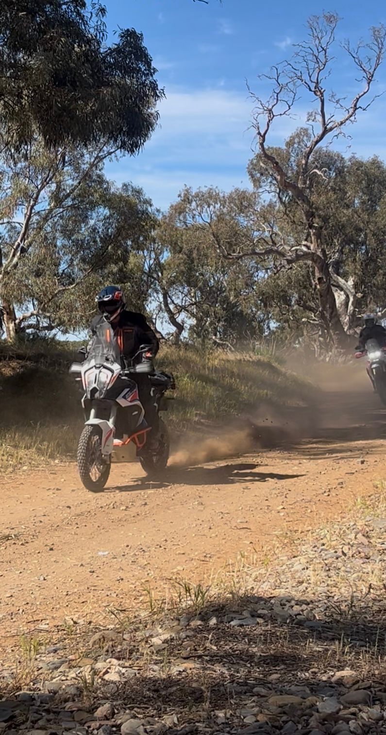 Motorcyclist on dirt road kicks up dust in a sunny, tree-lined setting.