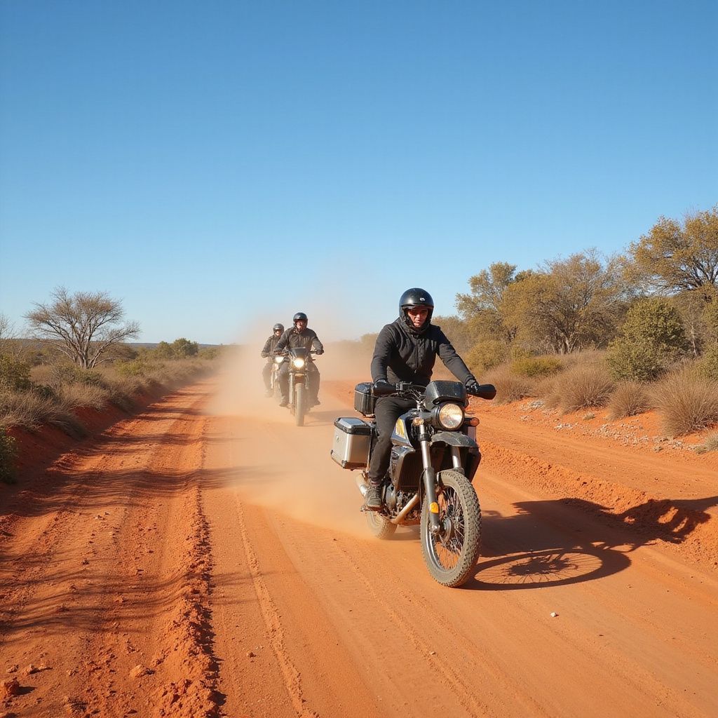 Three motorcyclists ride down a dusty red road under a blue sky.