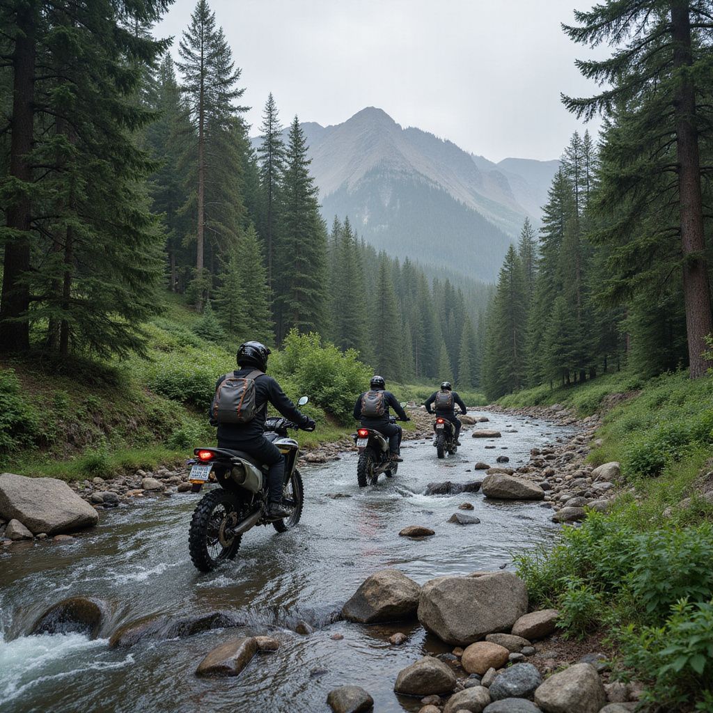 Motorcyclists ride through a river in a forest, mountains in the background.