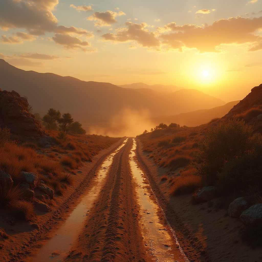 Dirt road winding toward a bright sunset over rolling hills.