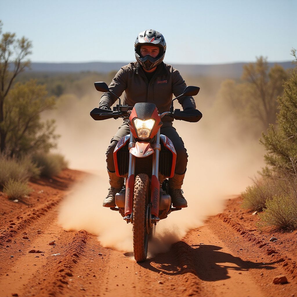 Person on a motorcycle riding on a dirt road, kicking up dust, with a backdrop of dry landscape.