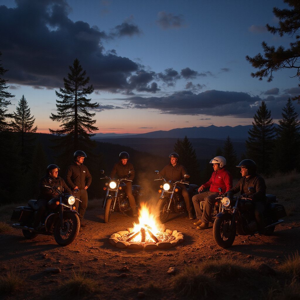 Motorcyclists around a campfire at dusk in mountains.