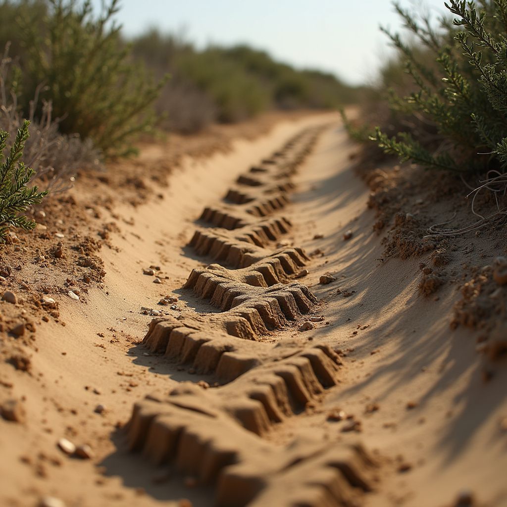 Tire tracks in a sandy dirt road, leading into the distance, with green bushes on either side.