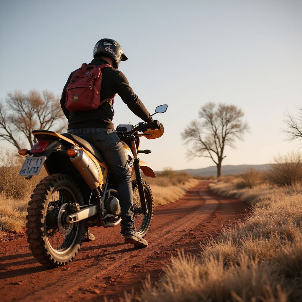Person on a yellow dirt bike riding on a red dirt road, with trees and dry grass under a blue sky.