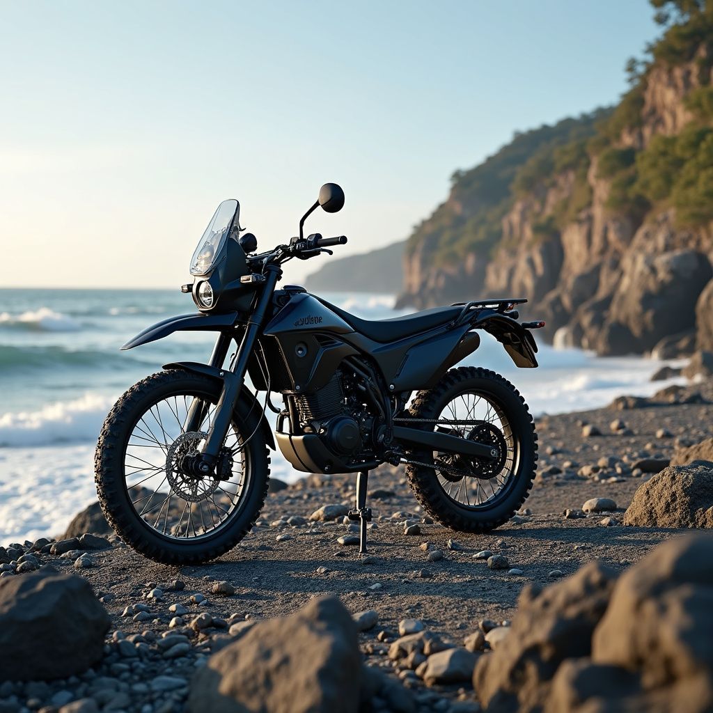 Dark motorcycle parked on a rocky beach with the ocean and cliffs in the background.