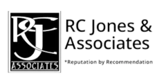 Logo for RC Jones & Associates. Black and white, with stylized