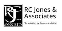Logo for RC Jones & Associates. Black and white, with stylized 