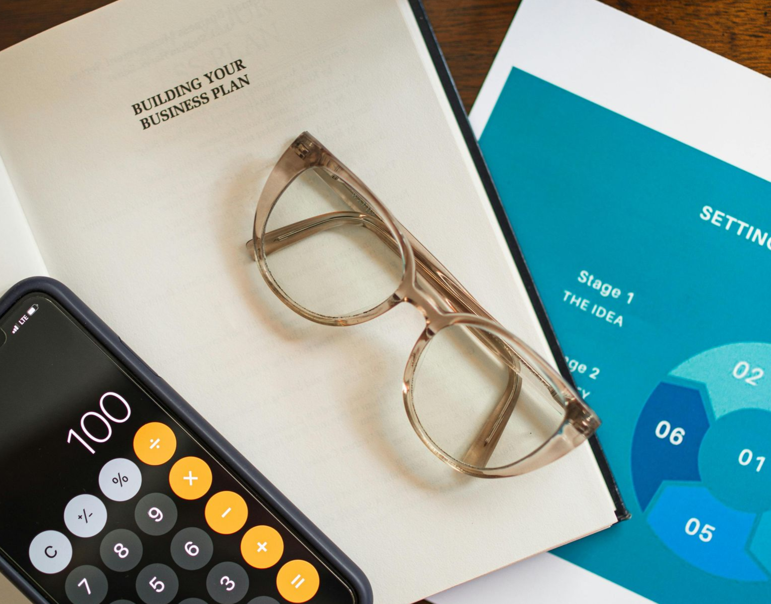 Notebook, glasses, calculator, and business plan on a wooden desk.