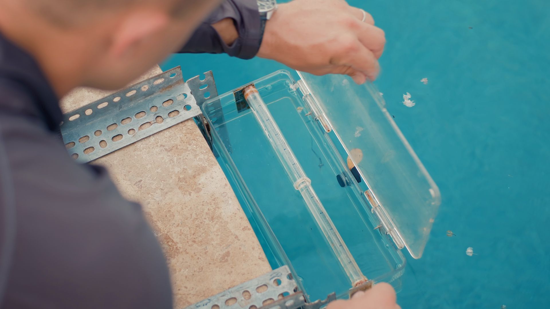 Man placing a clear plastic container into a blue pool. Metal bracket on the side.