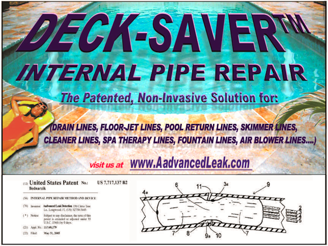 Advertisement for Deck-Saver internal pipe repair, showing a pool and the website address.