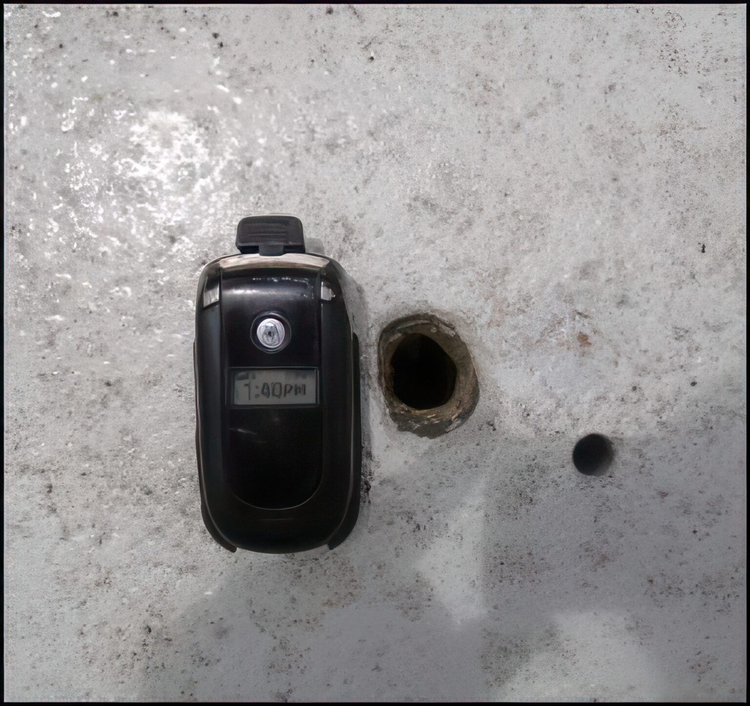 Black phone next to a hole on a gray surface, possibly concrete. Another small hole is visible.