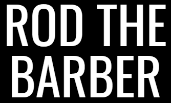The logo for rod the barber is white on a black background.