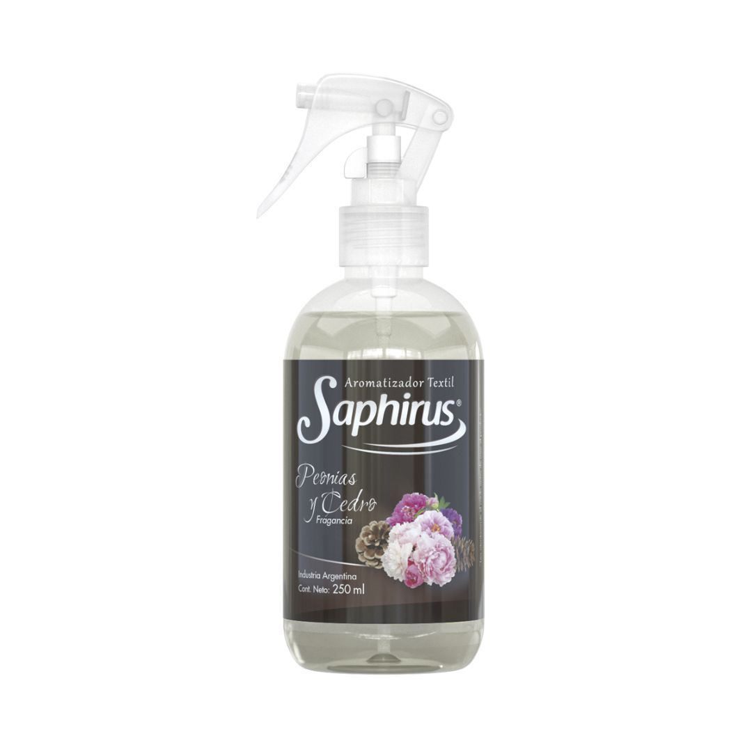Botella rociadora de ambiente Saphirus con diseño floral, botella transparente, rociador con gatillo.
