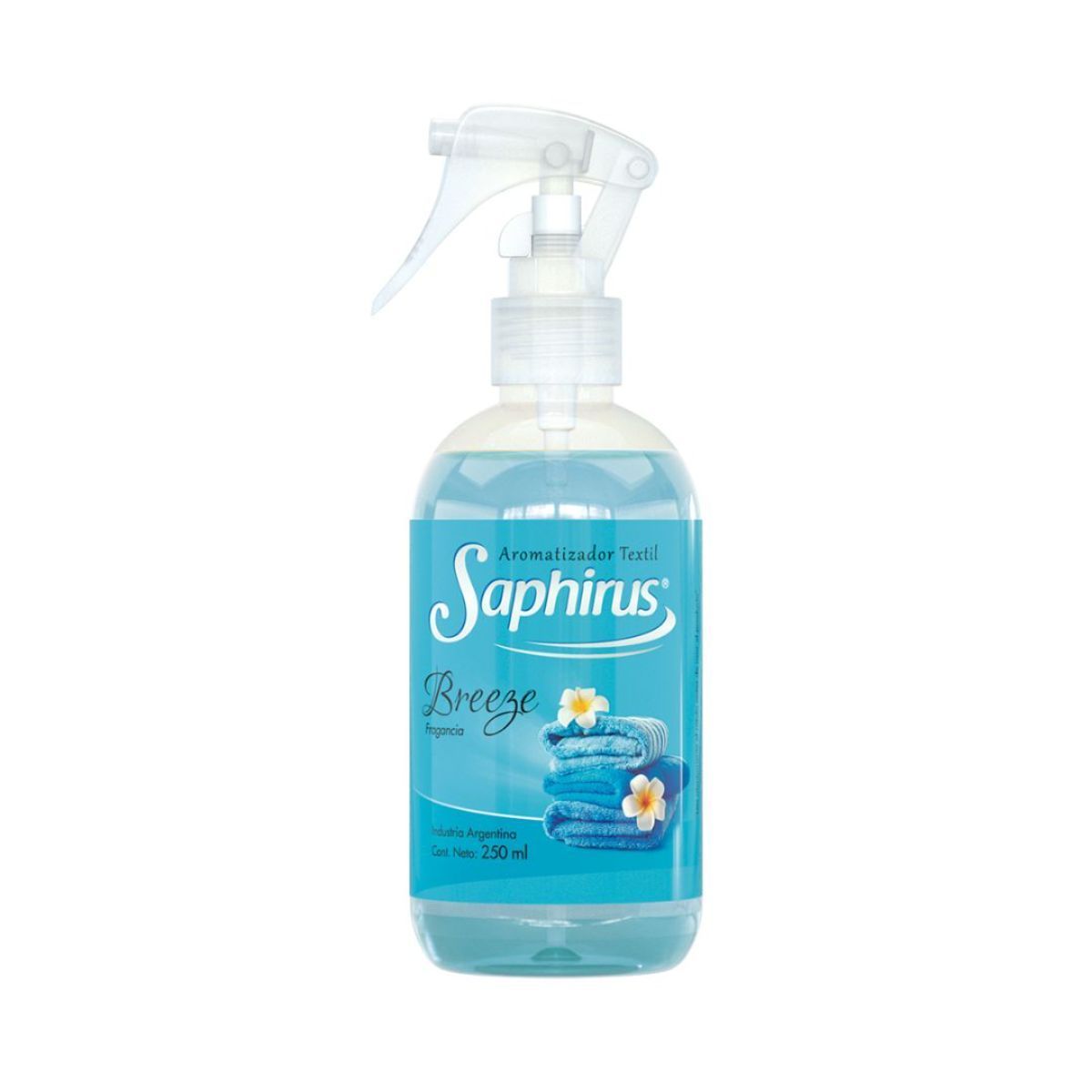 Ambientador en spray Saphirus Breeze, botella de color turquesa con etiqueta con aroma floral y tapón pulverizador.