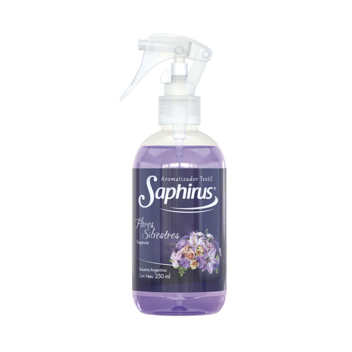Botella ambientadora de Saphirus morado con boquilla pulverizadora.