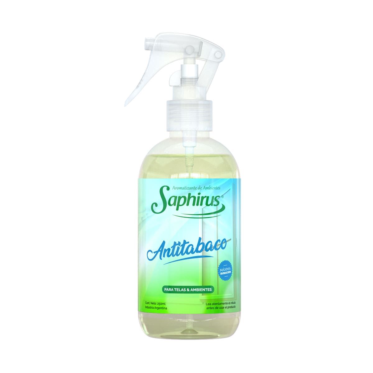 Botella de ambientador Saphirus Antitabaco. Líquido transparente, etiqueta verde y azul, boquilla blanca.
