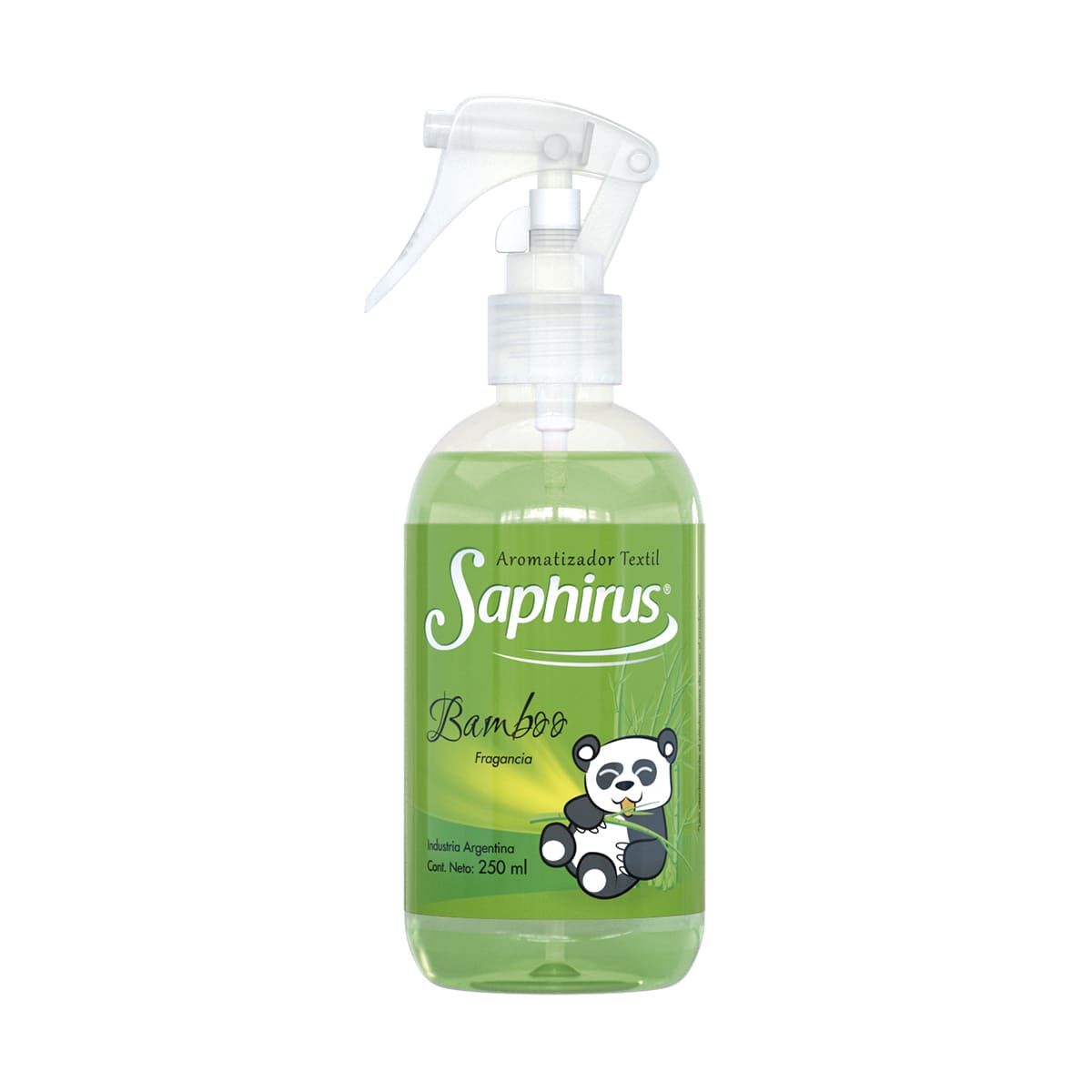 Botella de ambientador Saphirus. Aroma a bambú y con una ilustración de un panda en la etiqueta.