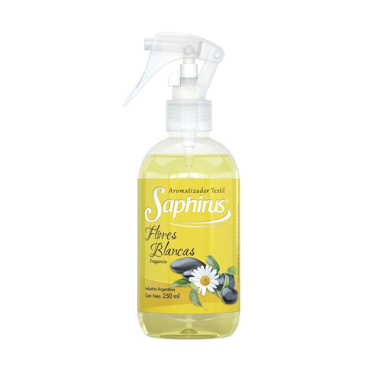 Ambientador en botella con spray Saphirus amarillo, aroma “Flores Blancas”, con ilustración de flores.
