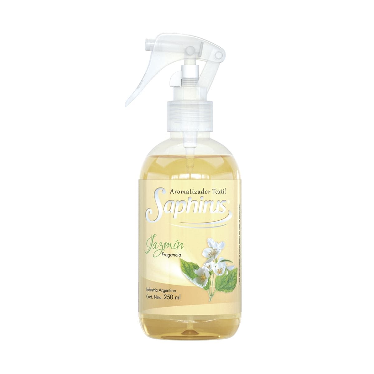 Botella de ambientador Saphirus Jasmine Aura con boquilla pulverizadora, líquido amarillo y gráfico de flor de jazmín.