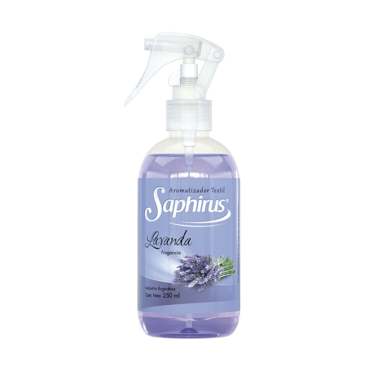 Botella ambientadora en spray con aroma a lavanda, marca Saphirus, con gráfico de flor de lavanda.