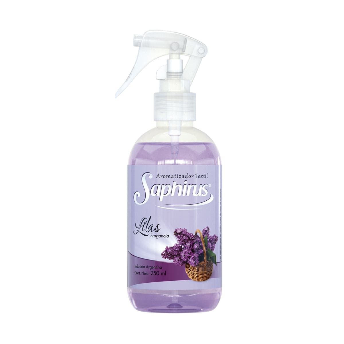 Botella de ambientador líquido de color morado con boquilla pulverizadora, etiquetada "Saphins Lilas".