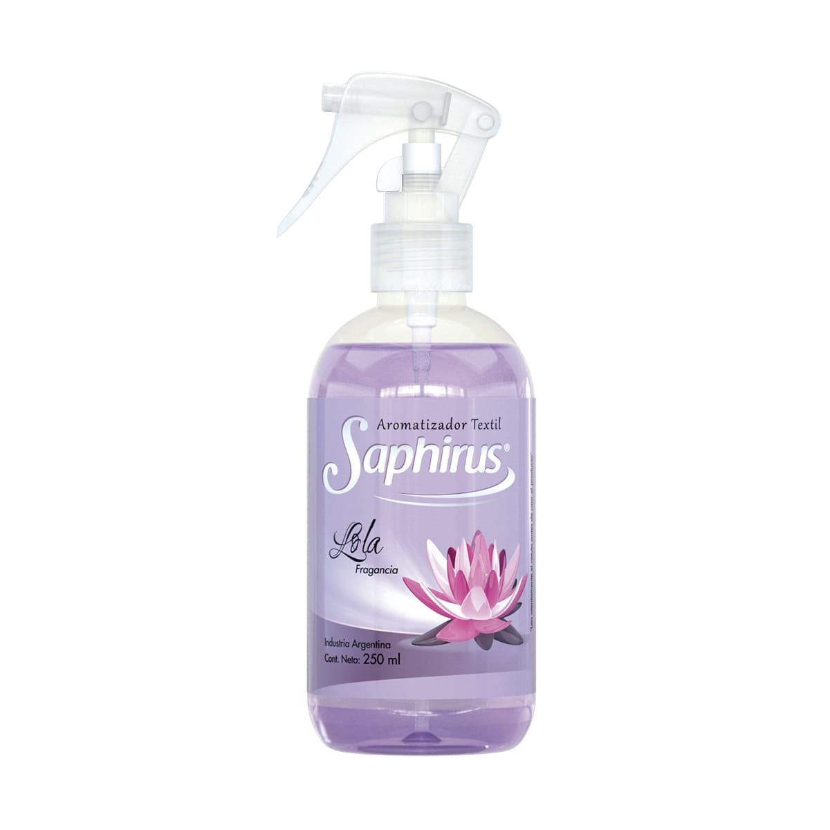 Botella en spray de ambientador Saphinus de color morado con diseño floral.