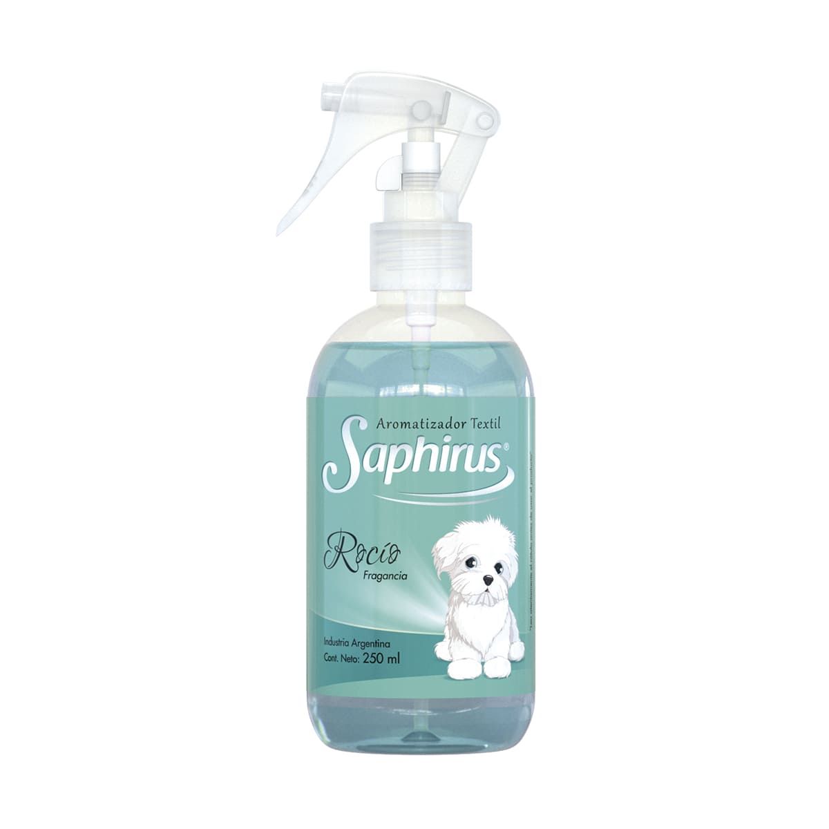 Botella de spray neutralizador de olores para mascotas Saphirus, que presenta una ilustración de un Bichón Frisé.
